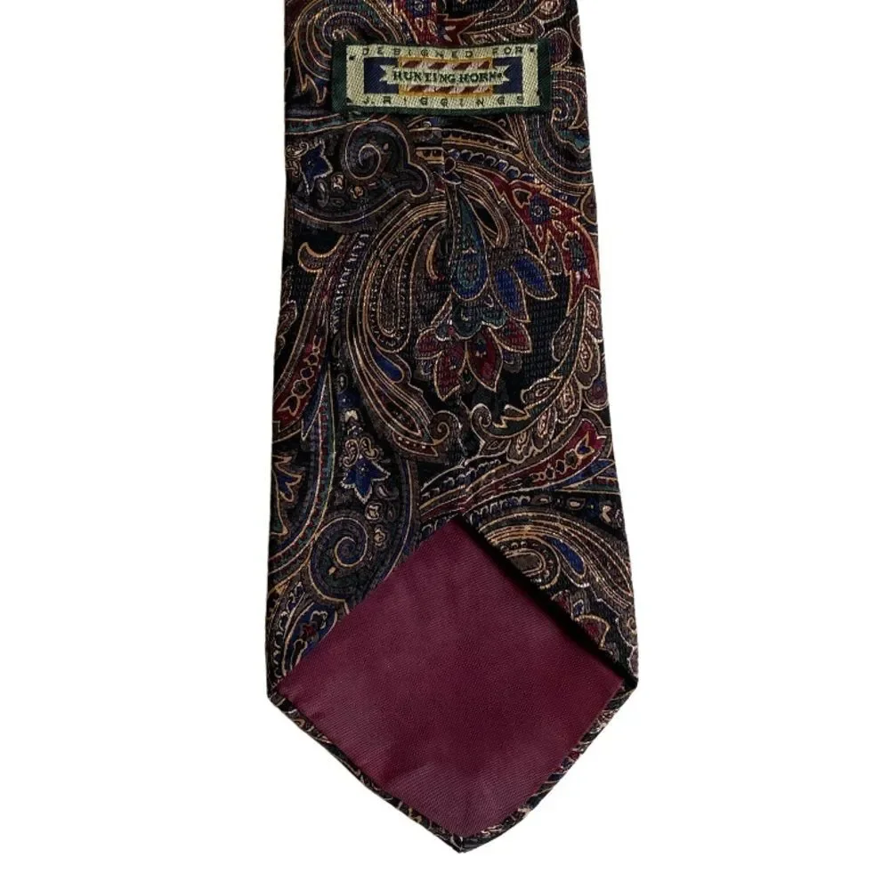 J. Riggins Hunting Horn Silk Paisley Neck Tie Black Brown Red Blue Made in USA